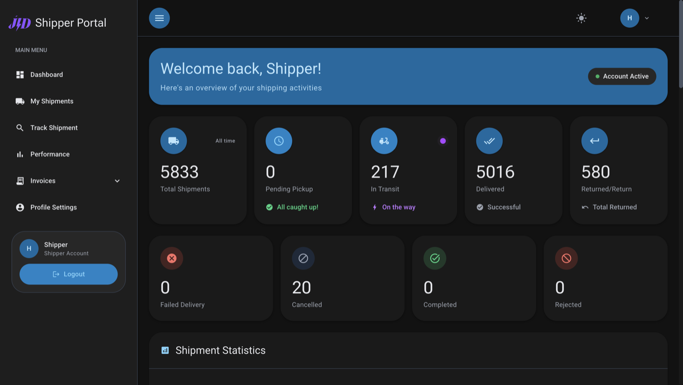 JLD Shipper Portal for booking, tracking, and shipment management